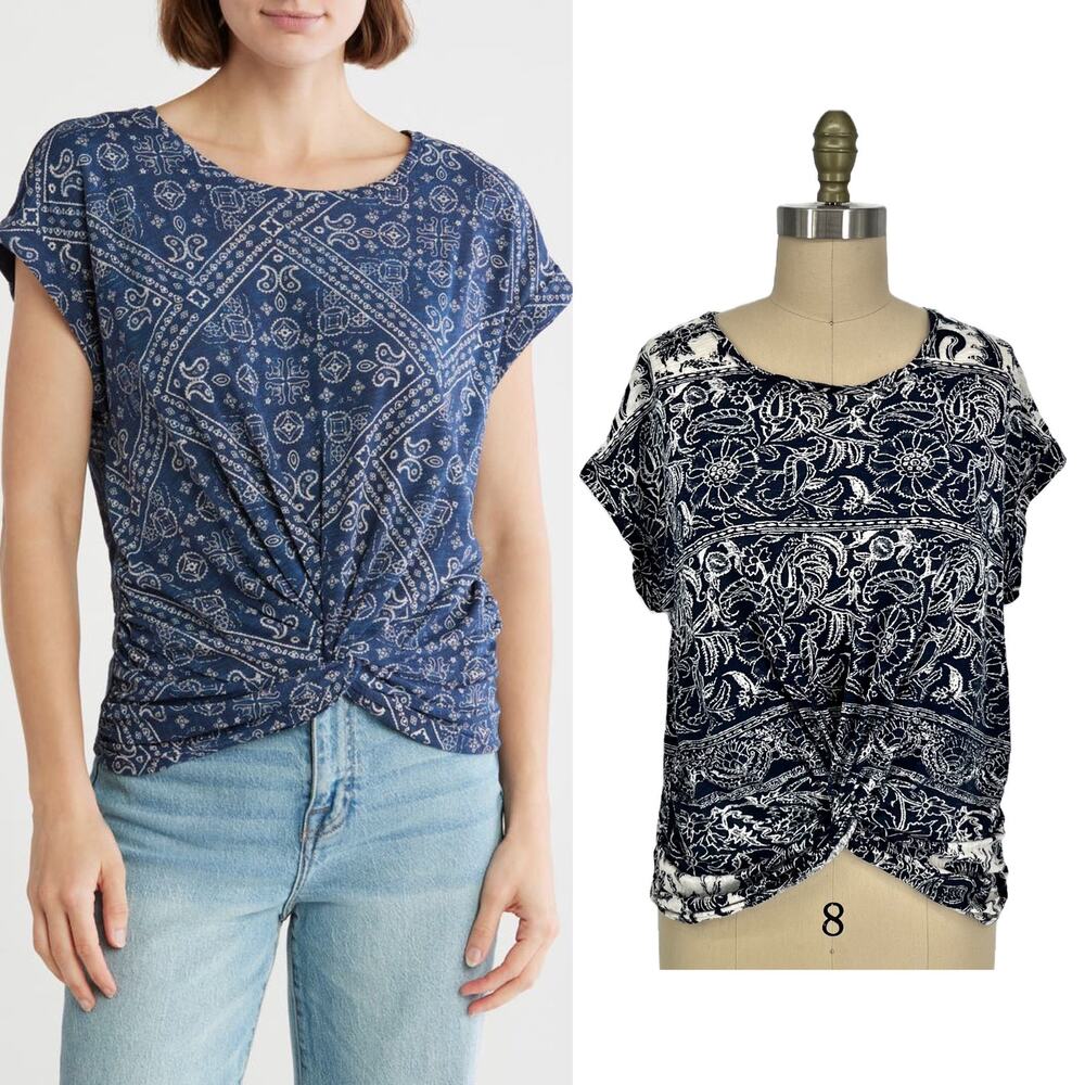 Lucky Brand Paisley Print Twist Front T-Shirt Tee Top size Medium